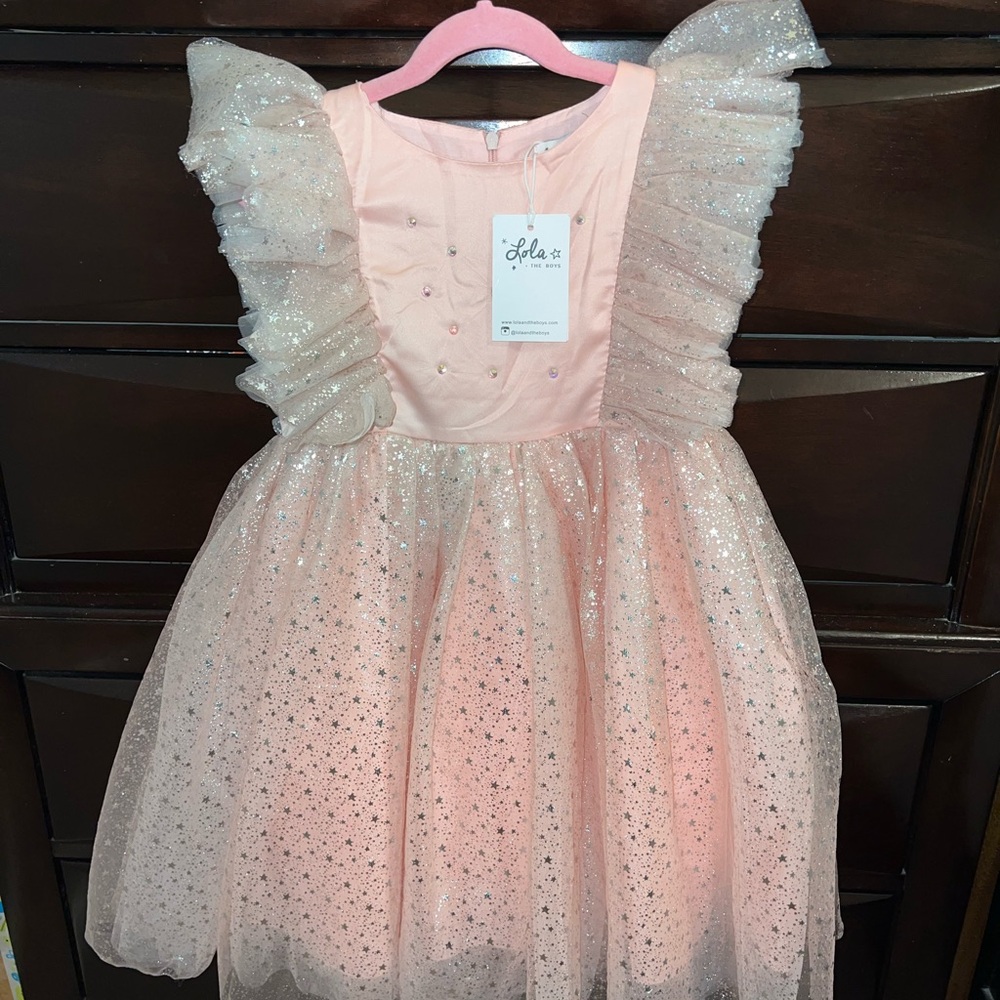 Lola + The Boys Pink Glitter Tulle Dress with Ruffle Shoulders